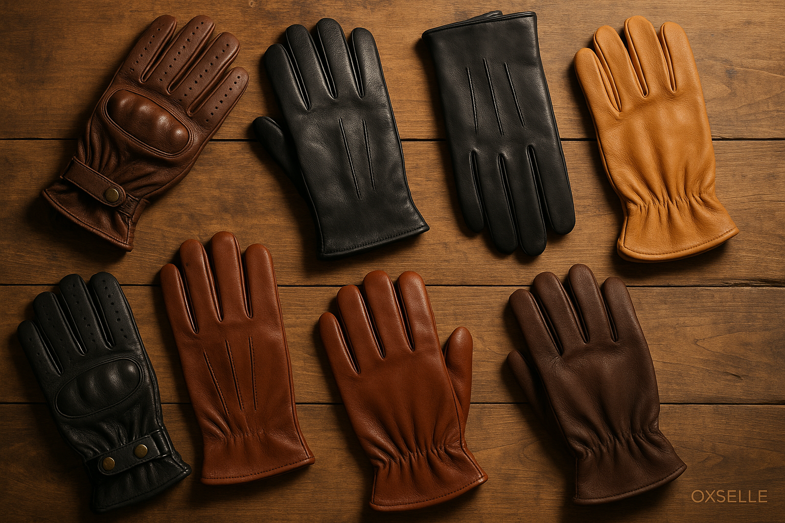 Various premium leather gloves on a wooden table — Oxselle glove selection guide.
