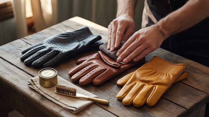 Close-up of hands conditioning a pair of premium leather gloves with cream