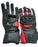 Black and red leather gloves on a wooden surface