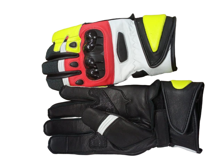 Pair of motorcycle gloves with black, red, and yellow design on a wooden surface.