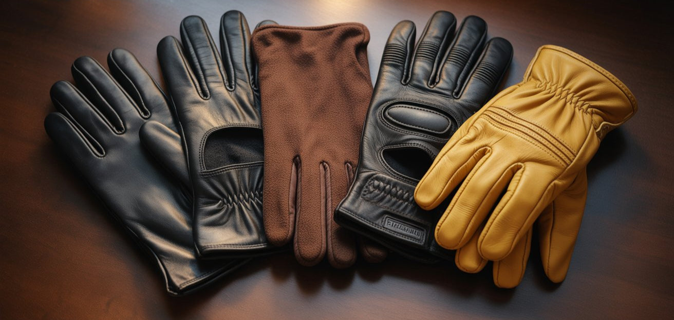 Four leather gloves in black, brown, and yellow on a dark background with 'Leatheraxis' branding.